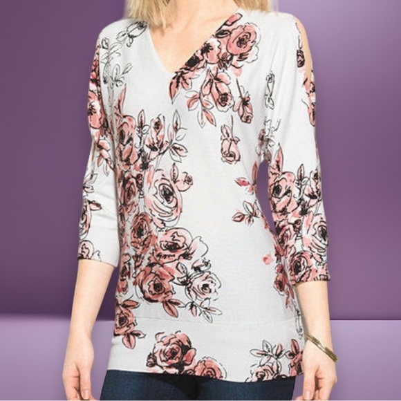 Roz & Ali Pink Floral Cold Shoulder 3/4 Sleeve V Neck Light Sweater Top 1X EUC - Picture 3 of 6